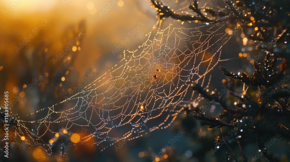 Poster Intricate spiderweb adorned with dew drops in a serene natural setting during early morning light