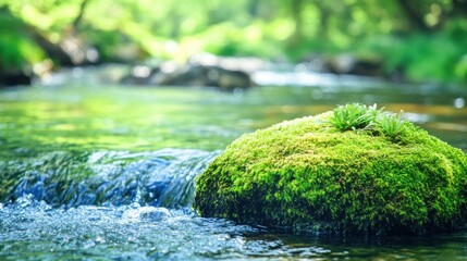 Fototapeta premium Close-up view of vibrant green moss covering a rock beside a flowing stream in a lush forest environment