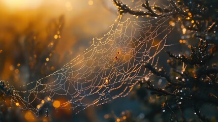 Intricate spiderweb adorned with dew drops in a serene natural setting during early morning light