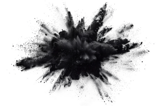 Abstract black ink or powder splash isolated on transparent background.