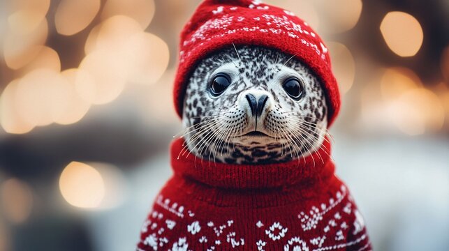 A cute seal wearing a red knitted sweater and hat, surrounded by soft, warm bokeh lights, capturing the festive winter spirit.