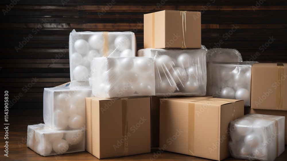 Poster stacked cardboard boxes labeled fragile surrounded by bubble wrap and packing peanuts indicating car