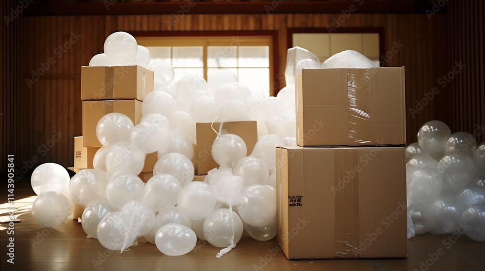 Poster stacked cardboard boxes labeled fragile surrounded by bubble wrap and packing peanuts signifying the