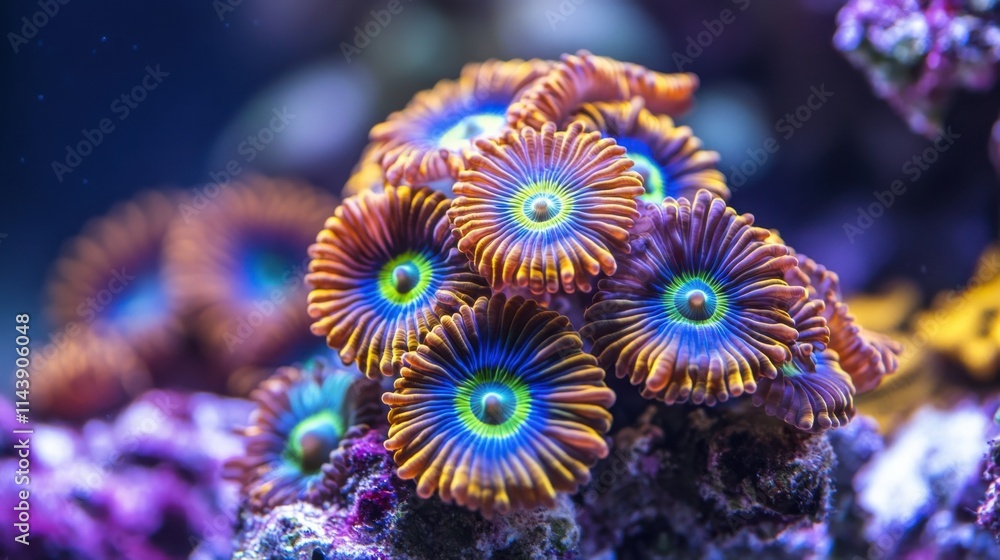 Poster close-up view of vibrant coral polyps showcasing unique colors and intricate details in a marine ree