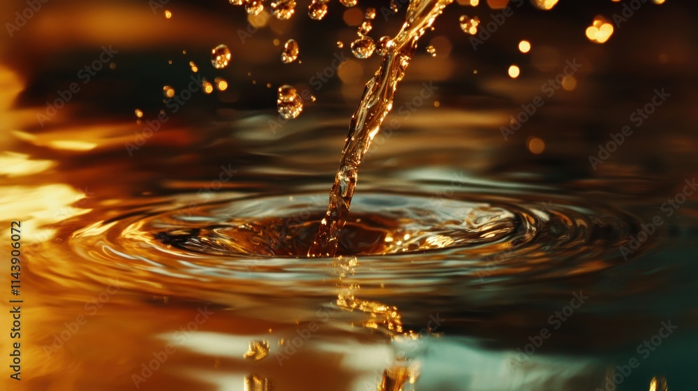 Leinwandbilder close-up of water droplets creating tiny bubbles in a shimmering pool during golden hour