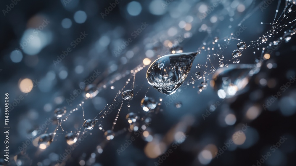 Poster close-up view of dew drops adorning a spider web illuminated by soft light in the early morning