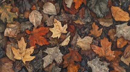 Close-up view of colorful fallen autumn leaves covering the ground in a serene outdoor setting