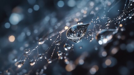 Close-up view of dew drops adorning a spider web illuminated by soft light in the early morning