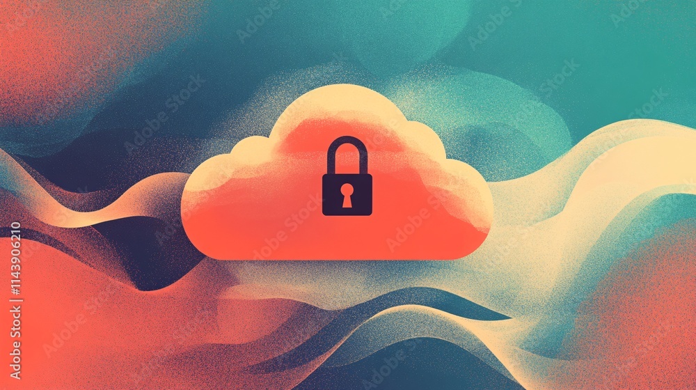 Poster a digital cloud with a padlock symbol, representing data security and privacy in a vibrant, abstract