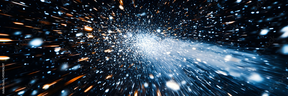 Poster abstract cosmic background, stars and light trails explode from center, creating a dynamic and energ