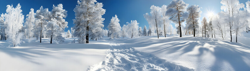 Obraz premium Snowy Winter Wonderland, Sunlit Path Through Frost-Covered Trees