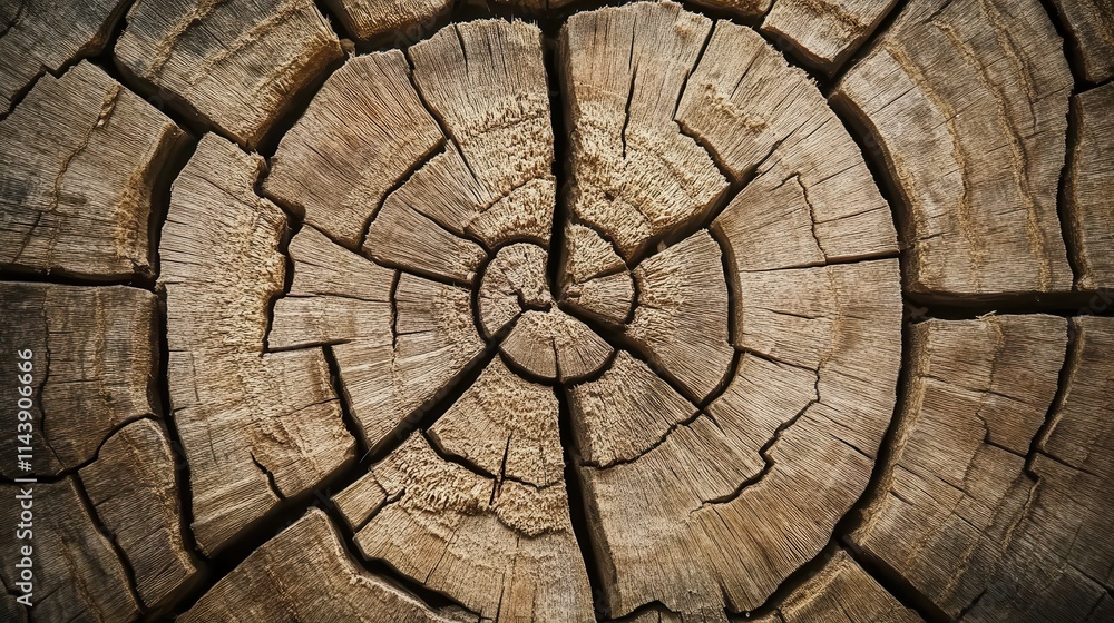 Poster close-up view of aged wood grain exhibiting deep cracks and intricate patterns in natural texture