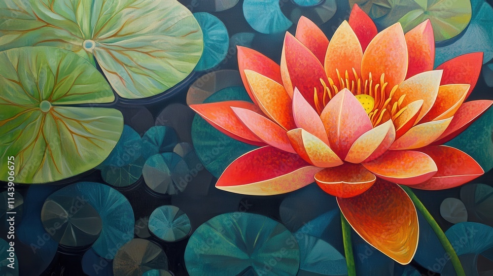 Aufkleber vibrant close-up of a water lily surrounded by green lily pads in a serene aquatic environment