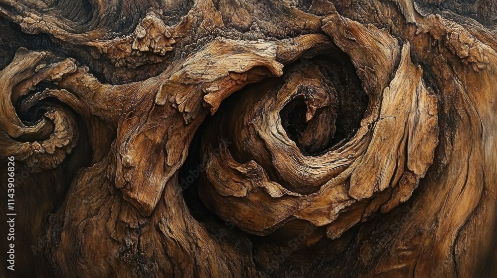 Poster intricate close-up view of a tree knot showcasing detailed wood grain patterns and texture