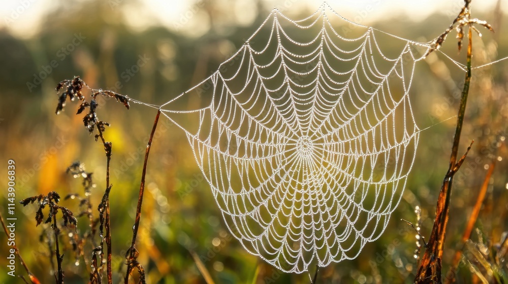 Poster close-up view of a spider web adorned with morning dewdrops in a tranquil natural setting