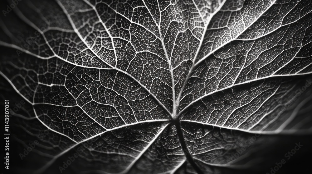 Aufkleber Close-up view of a leaf showcasing intricate vein patterns in monochrome detail