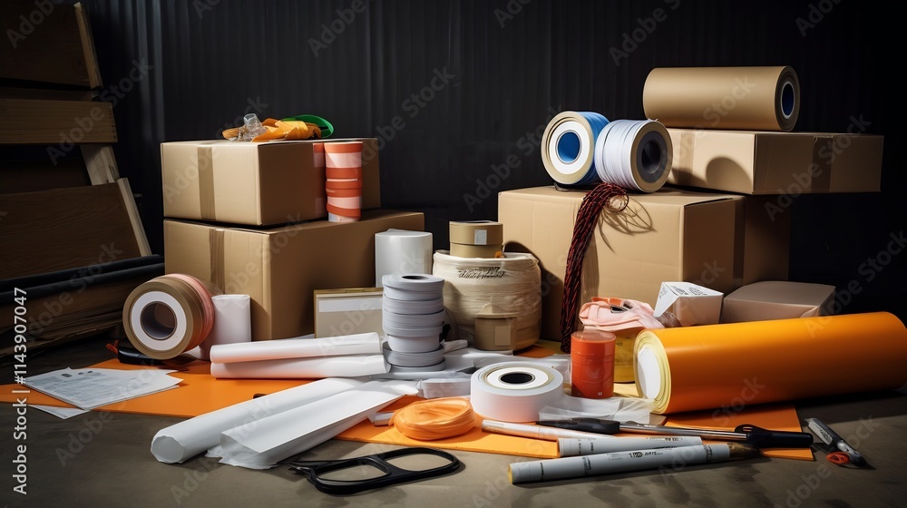 Poster variety of moving and packing tools such as tape markers and cushioning materials neatly arranged on