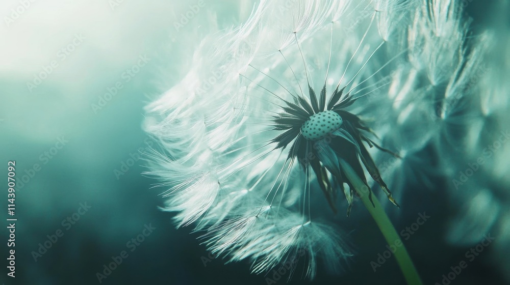 Poster close-up of a dandelion puff showcasing delicate seed filaments against a soft background in natural
