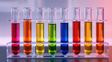 A row of test tubes filled with colorful liquids in a laboratory setting