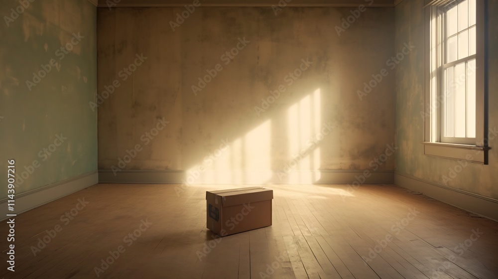 Poster sunlight streams through the windows of an empty minimalist room casting a warm glow on a single box