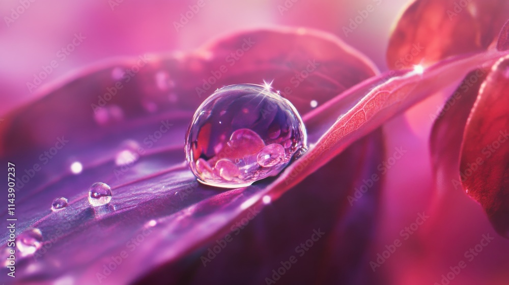 Poster Close-up of a crystal-clear droplet resting on a vibrant leaf with a blurred background creating a serene atmosphere