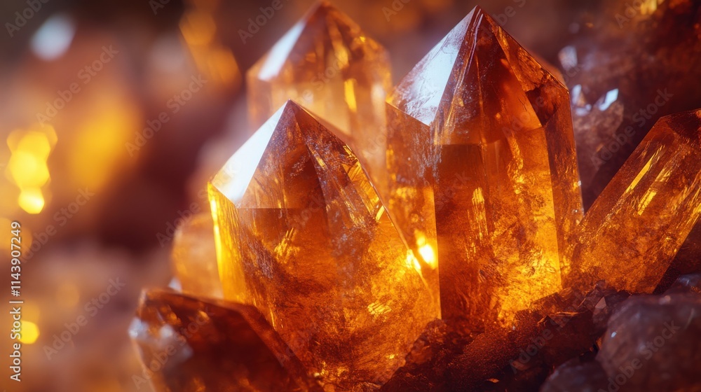 Poster close-up view of a dazzling crystal formation reflecting warm light in a natural setting