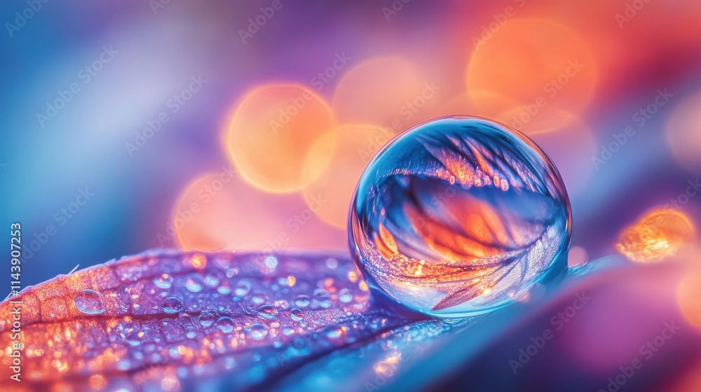 Aufkleber crystal-clear droplet on vibrant leaf reflecting colorful bokeh in the background