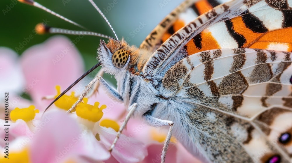 Poster close-up view of a butterfly resting on a spring flower in a vibrant garden during springtime