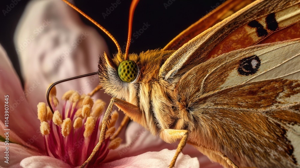 Poster close-up view of a butterfly resting on a pink flower in spring with vibrant details and textures