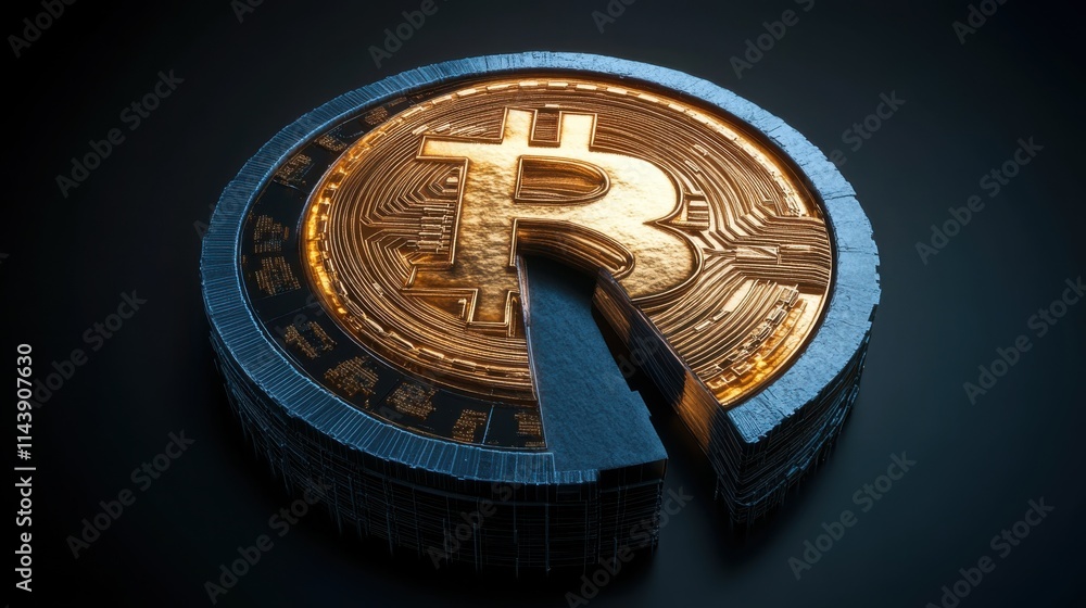 Fototapete bitcoin-themed pie chart visualizing cryptocurrency distribution in a metallic format for financial 