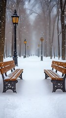 Snowy park path with benches and lamps.