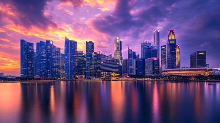 Fototapeta premium Vibrant sunset cityscape reflected in calm water.