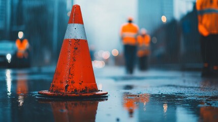 A vibrant orange traffic cone stands in the foreground as workers in high visibility gear operate amidst rain-soaked streets.