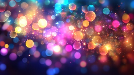 A vibrant, sparkling background filled with colorful bokeh lights in various hues, creating a festive and dreamy atmosphere.
