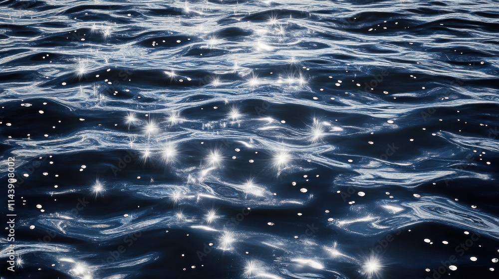 Poster Tiny water sparkles create an enchanting abstract wallpaper design with shimmering reflections and ripples across dark blue surface