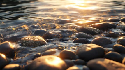 Flowing water glistens over smooth pebbles as sunlight dances on the surface during a serene moment by the river