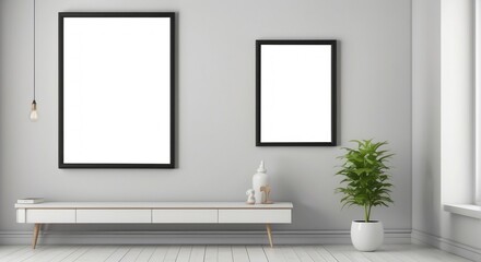 Modern minimalist living room interior design with blank frames