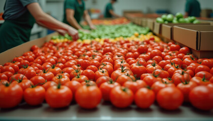 Tomates rojos y verdes siendo clasificados en una planta de empaque, con personas trabajando al fondo.