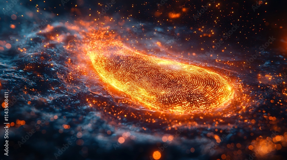 Poster glowing digital fingerprint with data streams representing identity and security in the age of techn