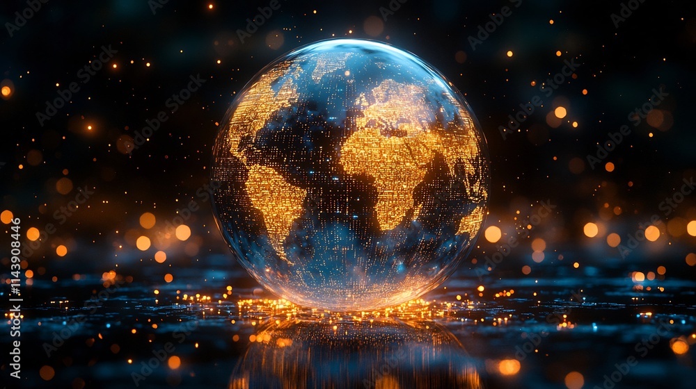 Poster glowing holographic globe of digital code symbolizing global connectivity and information technology