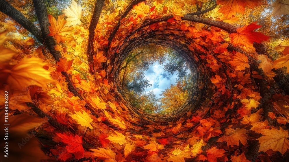 Poster Swirling autumn leaves create a vibrant circular backdrop in a tranquil forest setting