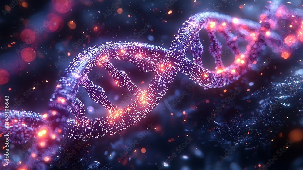 Poster glowing dna strand intertwined with binary code symbolizing biotechnology and digital advancements
