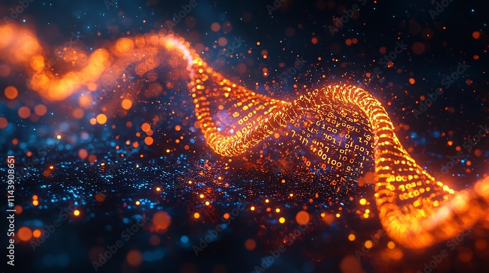 Poster glowing dna strand intertwined with binary code symbolizing biotechnology and digital advancements i