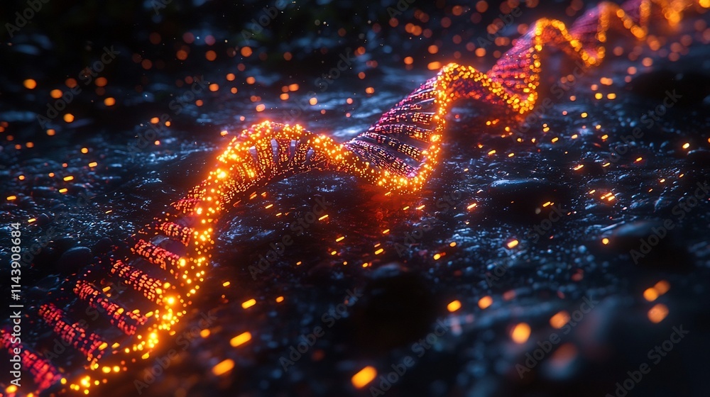 Poster glowing dna strand intertwined with binary code symbolizing biotech and digital advancements