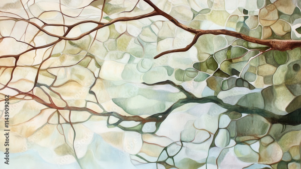 Fototapete reflections of branches create abstract patterns on a tranquil surface during a calm afternoon