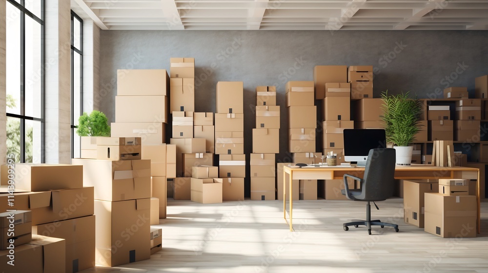 Poster perfectly arranged boxes in a tidy minimalist room preparing for a smooth relocation or residential 