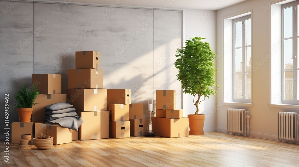Aufkleber a beautifully organized and minimalist room with neatly stacked boxes perfectly prepared for a smoot