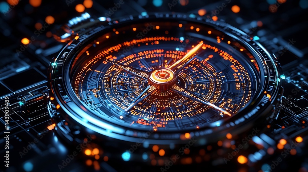 Poster spinning binary code compass symbolizing technology s navigational role in the digital landscape