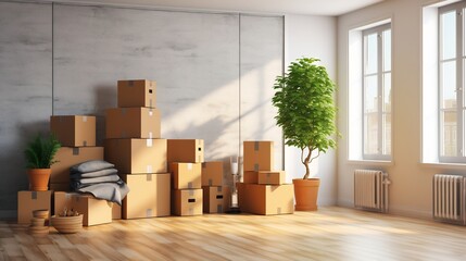 A beautifully organized and minimalist room with neatly stacked boxes perfectly prepared for a smooth and efficient relocation process