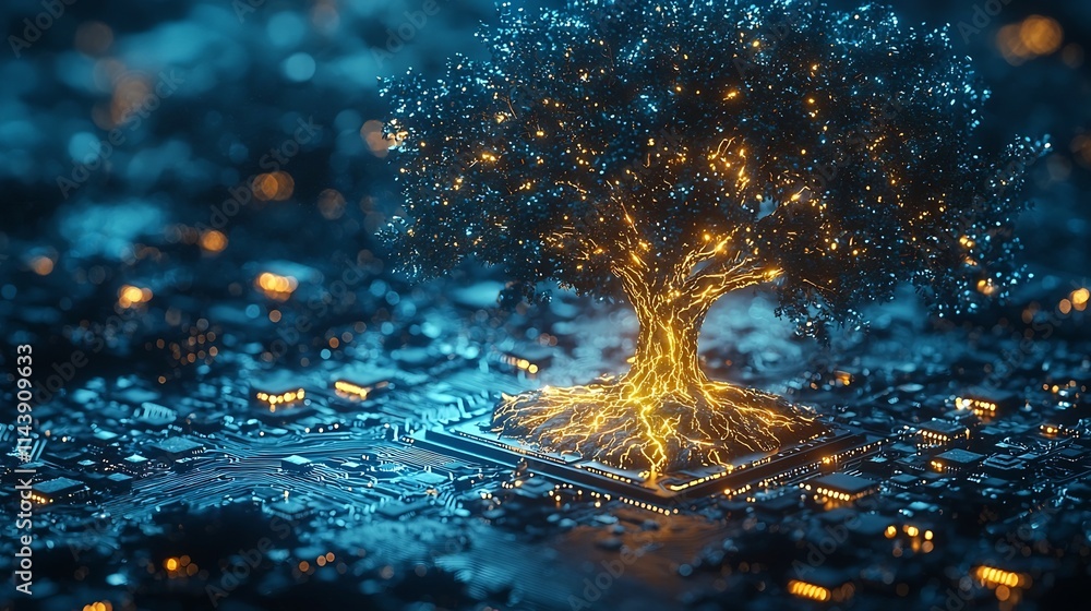 Poster glowing digital tree sprouting from microchip symbolizes technology s transformative roots and futur